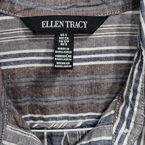 Ellen Tracy Button Down Shirt Linen Blend Chest Pockets Striped Collar - Picture 3 of 5